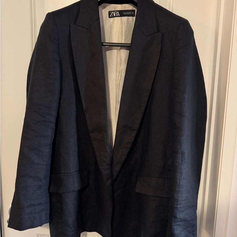 Zara Black Open-Front Linen-Blend Blazer